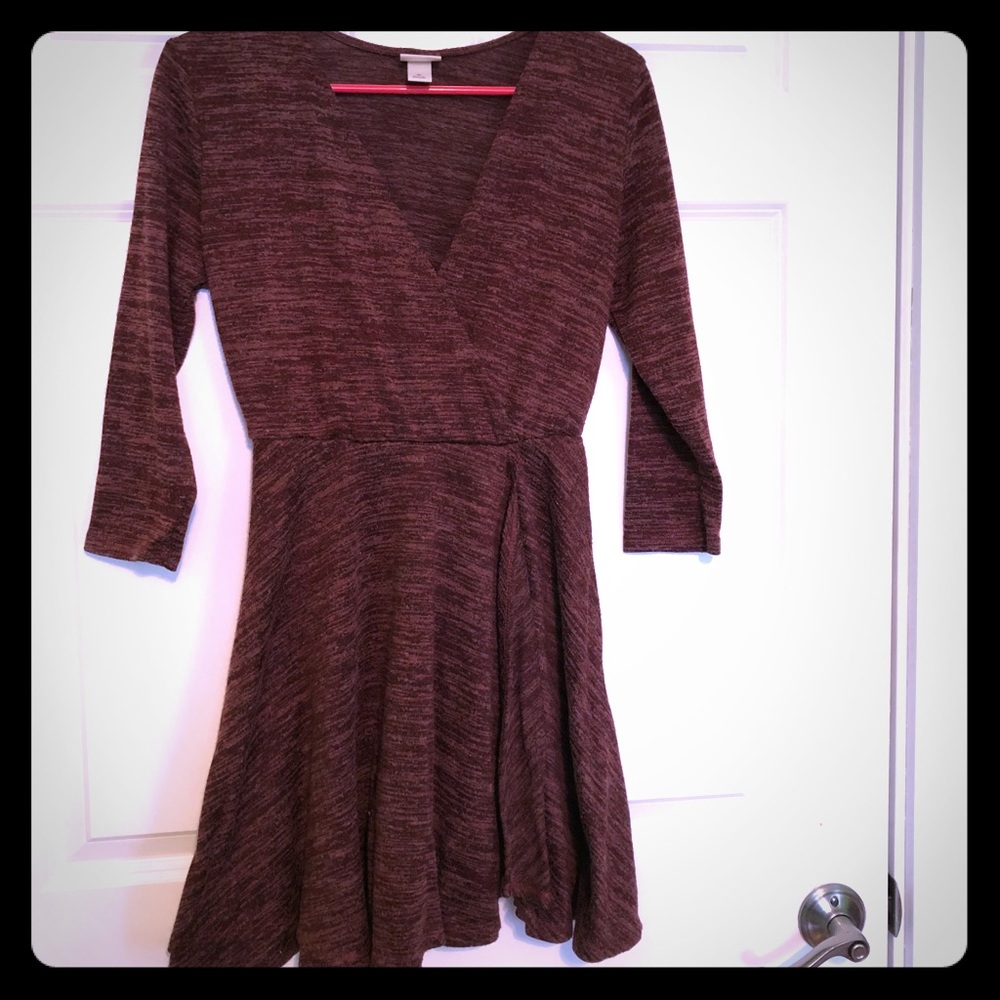 Burgundy 3/4 Sleeve Plunging Neckline Dress